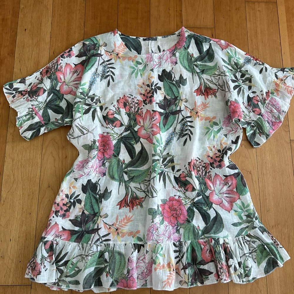 Piazza del Tempio Linen Floral Print Ruffle Hem Dress Tunic Blouse Coverup NWOT
